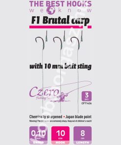 F1 Brutal carp 10-es horog, 10 mm csalitüske, 0,10 előkén, 8 cm hosszú. 3 db/csomag.