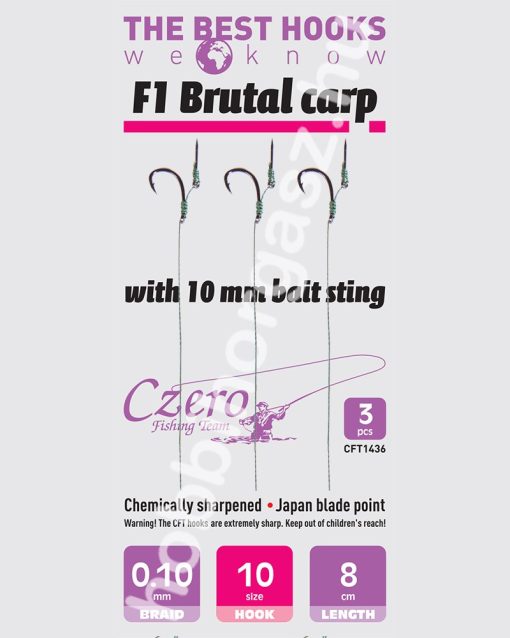 F1 Brutal carp 10-es horog, 10 mm csalitüske, 0,10 előkén, 8 cm hosszú. 3 db/csomag.