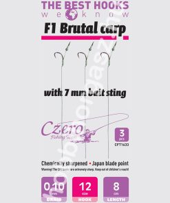 F1 Brutal carp 12-es horog, 7 mm csalitüske, 0,10 előkén, 8 cm hosszú. 3 db/csomag.