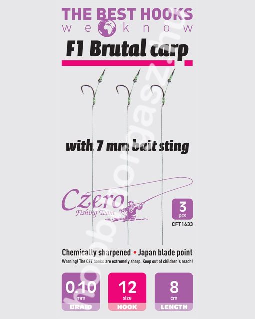 F1 Brutal carp 12-es horog, 7 mm csalitüske, 0,10 előkén, 8 cm hosszú. 3 db/csomag.