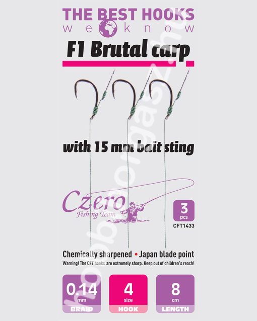 F1 Brutal carp 4-es horog, 15 mm csalitüske, 0,14 előkén, 8 cm hosszú. 3 db/csomag.