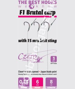 F1 Brutal carp 6-os horog, 15 mm csalitüske, 0,14 előkén, 8 cm hosszú. 3 db/csomag.