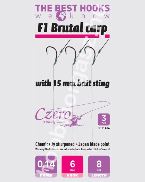 F1 Brutal carp 6-os horog, 15 mm csalitüske, 0,14 előkén, 8 cm hosszú. 3 db/csomag.