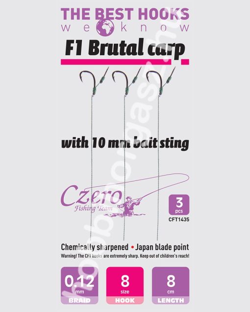 F1 Brutal carp 8-as horog, 10 mm csalitüske, 0,12 előkén, 8 cm hosszú. 3 db/csomag.