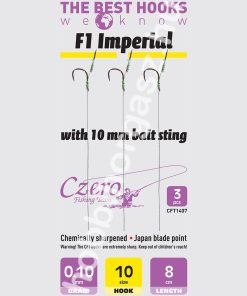 F1 Imperial 10-es horog, 10 mm csalitüske, 0,10 előkén, 8 cm hosszú. 3 db/csomag.