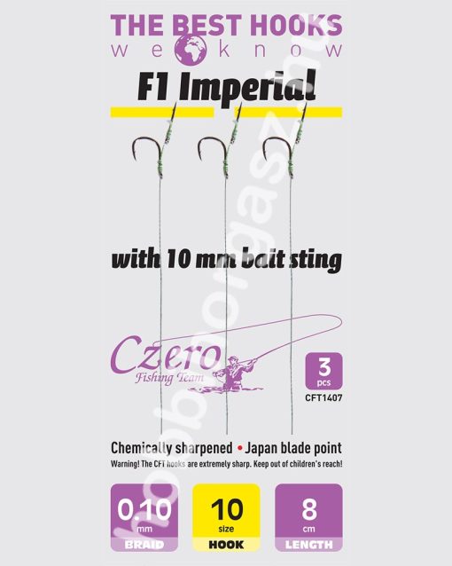 F1 Imperial 10-es horog, 10 mm csalitüske, 0,10 előkén, 8 cm hosszú. 3 db/csomag.
