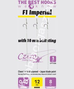 F1 Imperial 12-es horog, 10 mm csalitüske, 0,10 előkén, 8 cm hosszú. 3 db/csomag.