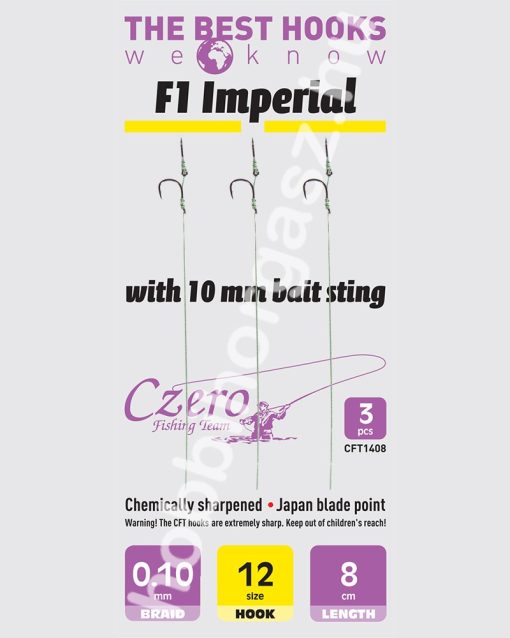 F1 Imperial 12-es horog, 10 mm csalitüske, 0,10 előkén, 8 cm hosszú. 3 db/csomag.