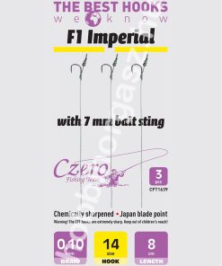 F1 Imperial 14-es horog, 10 mm csalitüske, 0,10 előkén, 8 cm hosszú. 3 db/csomag.