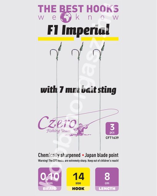 F1 Imperial 14-es horog, 10 mm csalitüske, 0,10 előkén, 8 cm hosszú. 3 db/csomag.