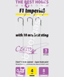 F1 Imperial 4-es horog, 10 mm csalitüske, 0,14 előkén, 8 cm hosszú. 3 db/csomag.
