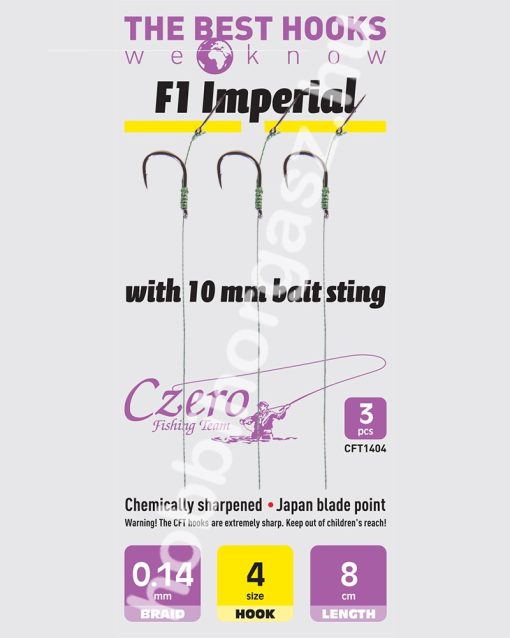 F1 Imperial 4-es horog, 10 mm csalitüske, 0,14 előkén, 8 cm hosszú. 3 db/csomag.