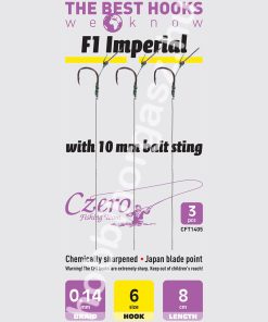 F1 Imperial 6-os horog, 10 mm csalitüske, 0,14 előkén, 8 cm hosszú. 3 db/csomag.