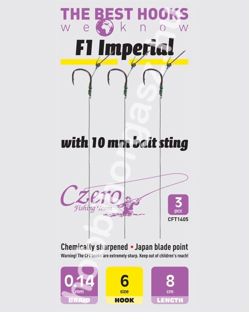 F1 Imperial 6-os horog, 10 mm csalitüske, 0,14 előkén, 8 cm hosszú. 3 db/csomag.