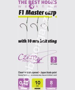 F1 Master carp 10-es horog, 10 mm csalitüske, 0,10 előkén, 8 cm hosszú. 3 db/csomag.