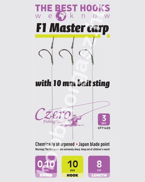 F1 Master carp 10-es horog, 10 mm csalitüske, 0,10 előkén, 8 cm hosszú. 3 db/csomag.