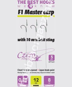 F1 Master carp 12-es horog, 10 mm csalitüske, 0,10 előkén, 8 cm hosszú. 3 db/csomag.