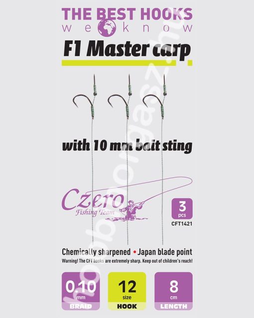 F1 Master carp 12-es horog, 10 mm csalitüske, 0,10 előkén, 8 cm hosszú. 3 db/csomag.