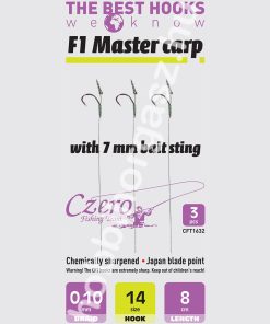 F1 Master carp 14-es horog, 10 mm csalitüske, 0,10 előkén, 8 cm hosszú. 3 db/csomag.