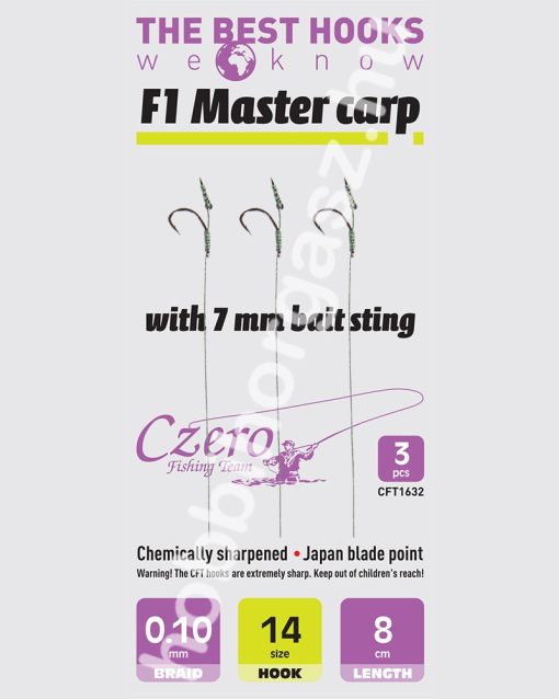 F1 Master carp 14-es horog, 10 mm csalitüske, 0,10 előkén, 8 cm hosszú. 3 db/csomag.
