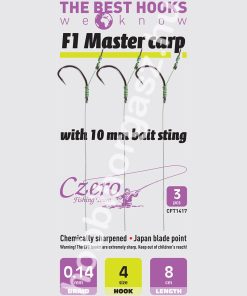 F1 Master carp 4-es horog, 10 mm csalitüske, 0,14 előkén, 8 cm hosszú. 3 db/csomag.