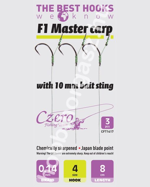 F1 Master carp 4-es horog, 10 mm csalitüske, 0,14 előkén, 8 cm hosszú. 3 db/csomag.