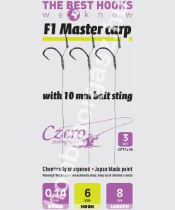 F1 Master carp 6-os horog, 10 mm csalitüske, 0,14 előkén, 8 cm hosszú. 3 db/csomag.