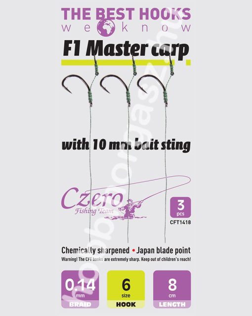 F1 Master carp 6-os horog, 10 mm csalitüske, 0,14 előkén, 8 cm hosszú. 3 db/csomag.