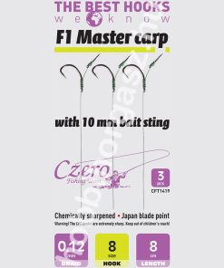 F1 Master carp 8-as horog, 10 mm csalitüske, 0,12 előkén, 8 cm hosszú. 3 db/csomag.