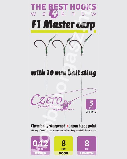 F1 Master carp 8-as horog, 10 mm csalitüske, 0,12 előkén, 8 cm hosszú. 3 db/csomag.