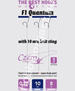 F1 Quantum 10-es horog, 10 mm csalitüske, 0,10 előkén, 8 cm hosszú. 3 db/csomag.