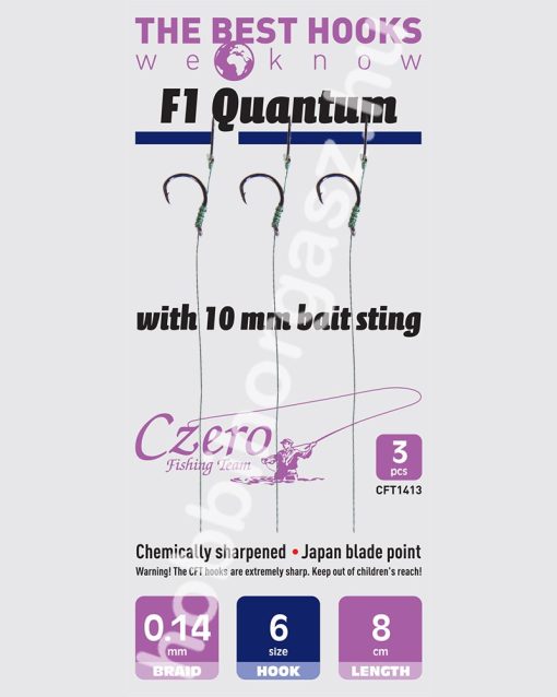 F1 Quantum 6-os horog, 10 mm csalitüske, 0,14 előkén, 8 cm hosszú. 3 db/csomag.