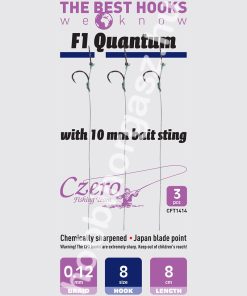 F1 Quantum 8-as horog, 10 mm csalitüske, 0,12 előkén, 8 cm hosszú. 3 db/csomag.
