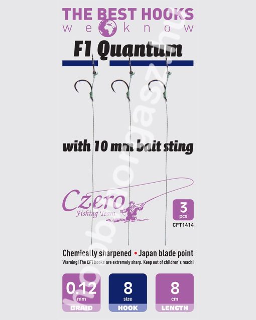 F1 Quantum 8-as horog, 10 mm csalitüske, 0,12 előkén, 8 cm hosszú. 3 db/csomag.