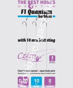 F1 Quantum barbless 10-es horog, 10 mm csalitüske, 0,10 előkén, 8 cm hosszú. 3 db/csomag.