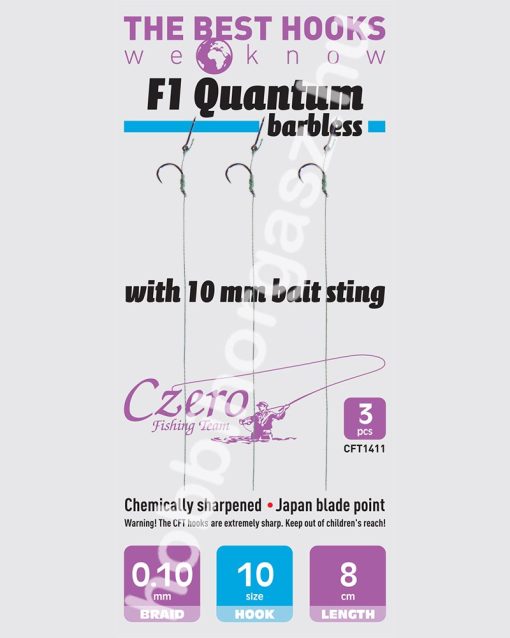 F1 Quantum barbless 10-es horog, 10 mm csalitüske, 0,10 előkén, 8 cm hosszú. 3 db/csomag.