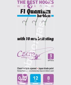 F1 Quantum barbless 12-es horog, 10 mm csalitüske, 0,10 előkén, 8 cm hosszú. 3 db/csomag.