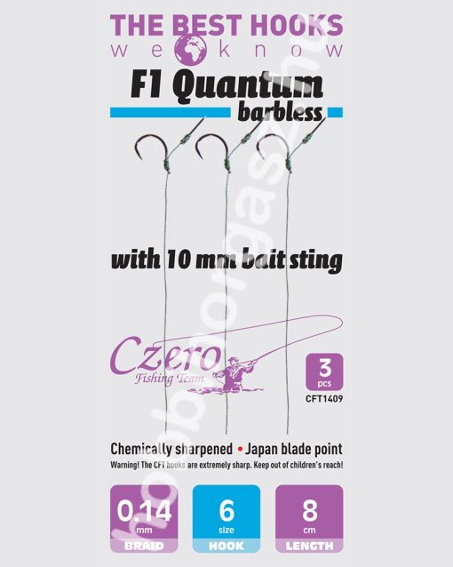 F1 Quantum barbless 6-os horog, 10 mm csalitüske, 0,14 előkén, 8 cm hosszú. 3 db/csomag.