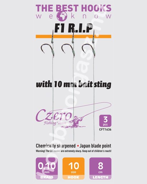 F1 R.I.P. 10-es horog, 10 mm csalitüske, 0,10 előkén, 8 cm hosszú. 3 db/csomag.