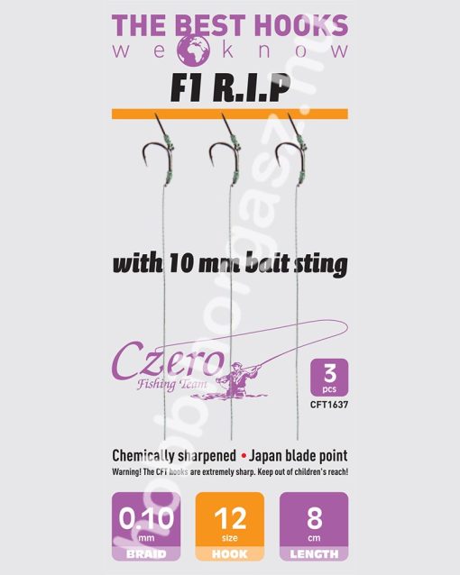 F1 R.I.P. 12-es horog, 10 mm csalitüske, 0,10 előkén, 8 cm hosszú. 3 db/csomag.
