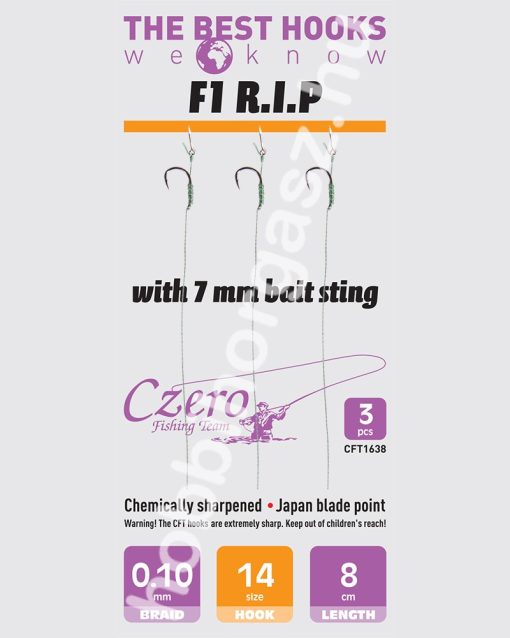 F1 R.I.P. 14-es horog, 10 mm csalitüske, 0,10 előkén, 8 cm hosszú. 3 db/csomag.