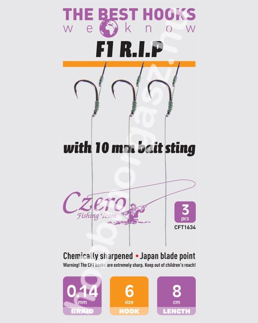 F1 R.I.P. 6-os horog, 10 mm csalitüske, 0,14 előkén, 8 cm hosszú. 3 db/csomag.