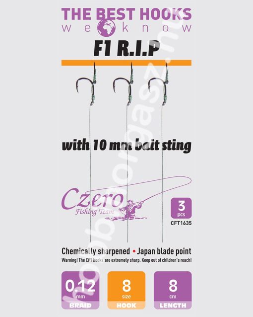 F1 R.I.P. 8-as horog, 10 mm csalitüske, 0,12 előkén, 8 cm hosszú. 3 db/csomag.