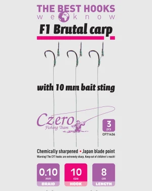 F1 Brutal carp 10-es horog, 10 mm csalitüske, 0,10 előkén, 8 cm hosszú. 3 db/csomag.
