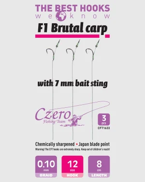 F1 Brutal carp 12-es horog, 7 mm csalitüske, 0,10 előkén, 8 cm hosszú. 3 db/csomag.