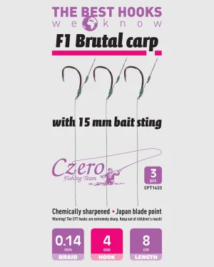 F1 Brutal carp 4-es horog, 15 mm csalitüske, 0,14 előkén, 8 cm hosszú. 3 db/csomag.