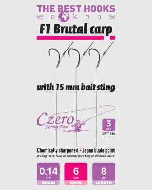 F1 Brutal carp 6-os horog, 15 mm csalitüske, 0,14 előkén, 8 cm hosszú. 3 db/csomag.
