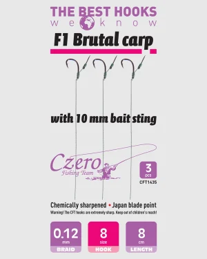 F1 Brutal carp 8-as horog, 10 mm csalitüske, 0,12 előkén, 8 cm hosszú. 3 db/csomag.