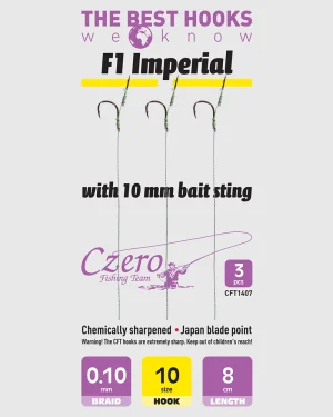 F1 Imperial 10-es horog, 10 mm csalitüske, 0,10 előkén, 8 cm hosszú. 3 db/csomag.