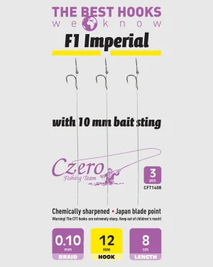 F1 Imperial 12-es horog, 10 mm csalitüske, 0,10 előkén, 8 cm hosszú. 3 db/csomag.